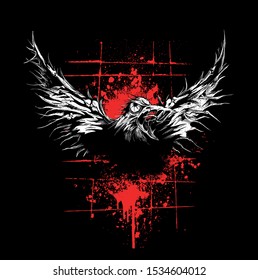 Scary screaming zombie crow image with the blood stains on background.