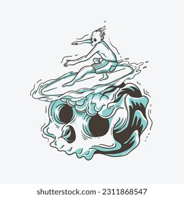 Scary sea surfer. Hand drawn vector illustration in sketch style.