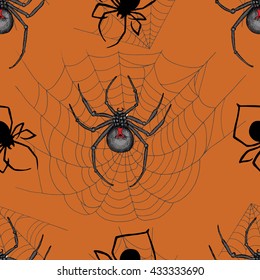 Scary seamless pattern with black widow spiders and cobweb on orange background. Halloween doodle illustration and hand drawn repeated background