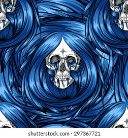 Scary seamless skull pattern with blue long hair.