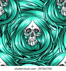 Scary seamless skull pattern with blue long hair.