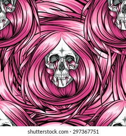 Scary seamless skull pattern with pink long hair.