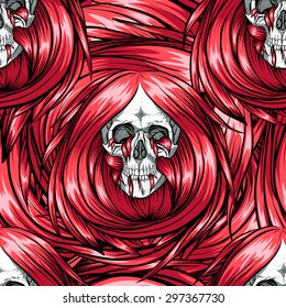 Scary seamless skull pattern with red long hair.