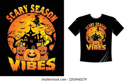 Scary Season Vibes T-Shirt Design Template. Halloween T-Shirt with Pumpkin, Night, Moon, Witch, Mask. Night background T-Shirt for print.