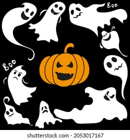 Scary Set of Monochrome Ghosts. The ghost shadow is funny. ghost leaf for halloween character design. Isolated vector illustrations.