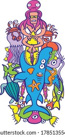 Scary shark with sharp teeth gobbling a surf board while the surfer keeps balance on top of the board. A crowd of colorful weird sea creatures seem to defend the surfer in trouble against the shark