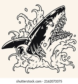 Scary shark vintage monochrome sketch with bite scars and large teeth, opening mouth, peering out of sea waves vector illustration