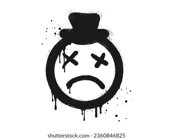 Scary sick face emoticon character and hat  Spray painted graffiti Sad face in black over white  isolated white background  vector illustration