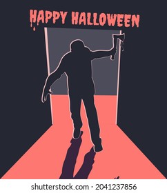 Scary Silhouette In The Doorway. Killer With Axe. Happy Halloween