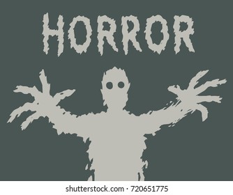 A scary silhouette with glowing eyes draws his hands. The horror genre. Vector illustration.