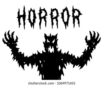 Scary silhouette with glowing eyes and mouth. The horror genre. Vector illustration.