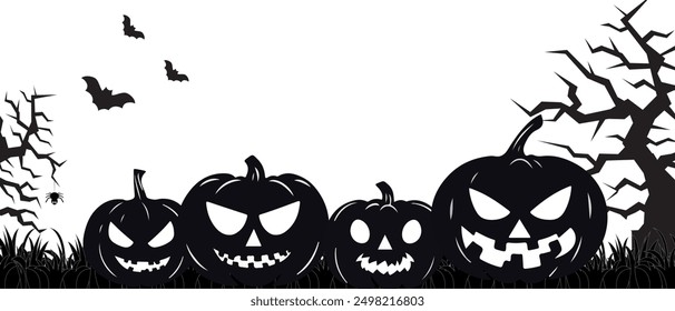 Scary silhouettes of creepy Halloween pumpkins. Black pumpkins with different evil faces in the grass on a white background, on Halloween night.