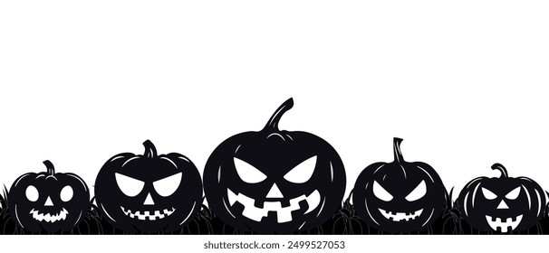 Scary silhouettes of creepy Halloween pumpkins on black grass. Black pumpkins with different evil faces on a white background, on Halloween night.