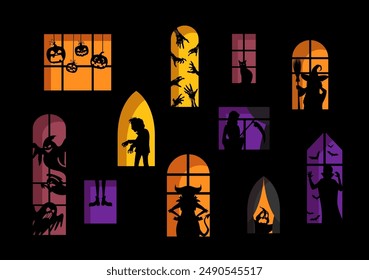 Scary silhouettes in Halloween windows. Creepy and spooky vector haunted house facade with pumpkin faces, witch, devil and ghosts, vampire, zombie, skeletal hands, black cat neighbors at horrible home