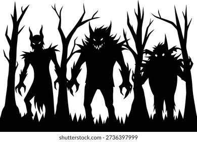 scary silhouettes of monsters in forest