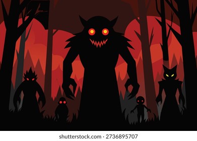 scary silhouettes of monsters in forest