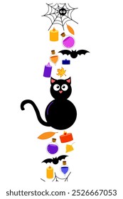 Scary silhouettes on Halloween border, holiday decoration. Black vertical vector pattern with black cat, candles, bats, web, spider, poison
