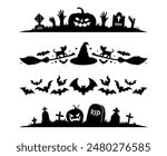 Scary silhouettes on Halloween dividers or borders, holiday decoration. Black horizontal vector frames with cemetery, pumpkins, tombstones, graves and witch hat, cat on broom, bats and zombie hands