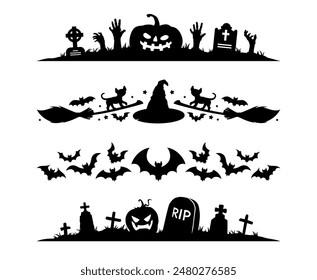 Siluetas aterradoras en divisores o bordes de Halloween, decoración de vacaciones. Marcos de Vector Horizontal negro con cementerio, calabazas, lápidas, tumbas y sombrero de bruja, gato en escoba, murciélagos y manos zombis