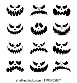 Scary silhouettes of pumpkin faces set. Halloween. Vector illustration. Cartoon style. Isolated on a white background. Eerie smiling carved faces. For postcards, flyers, T-shirt printing, textiles.