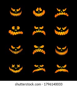Escasas siluetas de calabaza puestas. Halloween. Ilustración vectorial. Estilo de caricatura. Aislado sobre fondo negro. Caras esculpidas y sonrientes. Para postales, volantes, estampado en camisetas, textiles.
