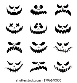 Scary silhouettes of pumpkin faces set. Halloween. Vector illustration. Cartoon style. Isolated on a white background. Eerie smiling carved faces. For postcards, flyers, T-shirt printing, textiles.