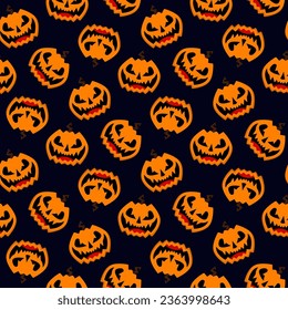 Scary sinister orange Halloween pumpkins isolated on dark blue background. Seamless pattern. Vector simple flat graphic illustration. Texture.