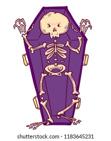 Scary skeleton in coffin in cartoon style. Halloween character.