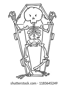 Scary skeleton in coffin in cartoon style. Halloween character. Coloring page