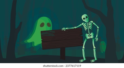 Scary skeleton with ghost and empty board in dark forest. Hallow