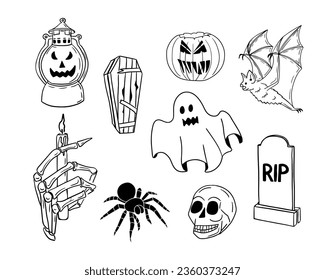 Scary sketch single line hand drawn halloween set. Doodle isolated horror elements for halloween dacoration. Minimalistic Halloween design for coloring pages, stickers, tatoo.