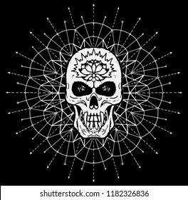 Scary skull against white pattern circle on black background. Esoteric, occult and Halloween concept, mystic vector illustrations for music album, book cover, t-shirts