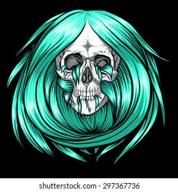 Scary skull with blue long hair.Black background.