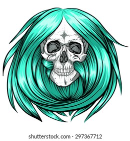 Scary skull with blue long hair.White background.