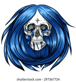 Scary skull with blue long hair.White background.