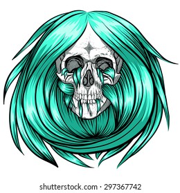 Scary skull with blue long hair.White background.