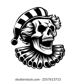 scary skull clown head vector silhouette illustration on white background. black and white vector illustration