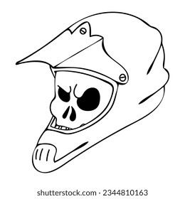 Scary skull in cross helmet line art. Hand drawn doodle illustration.