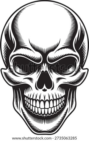Scary Skull Face Black and White Vector Engraving Illustration