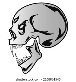 A scary skull with fangs. Sketch, black and white. Concept for an emblem, attributes, Halloween, icons