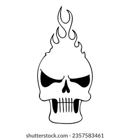Scary skull with fiery hairstyle line art. Hand drawn doodle illustration.