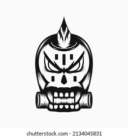 scary skull head illustration with horn, fangs and line art style. black and white. suitable for , mascot, symbol, coloring and t-shirt design