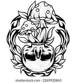 Scary skull mushroom hand drawn vector coloring page.