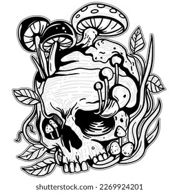 Scary skull mushroom hand drawn vector coloring page 