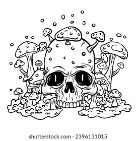 Scary skull mushroom hand drawn vector coloring page adult. Trendy design to print