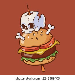 Scary skull on top of burger vector illustration