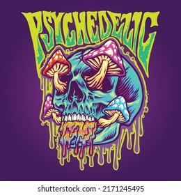 Scary skull psychedelic mushrooms melt vector illustrations for your work logo, merchandise t-shirt, stickers and label designs, poster, greeting cards advertising business company or brands