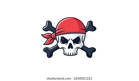 A scary skull with red bandana and crossed bones illustration for a pirate theme or halloween