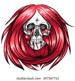 Scary skull with red long hair.White background.White background.