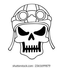 Scary skull in retro motorcycle helmet line art. Hand drawn doodle illustration.